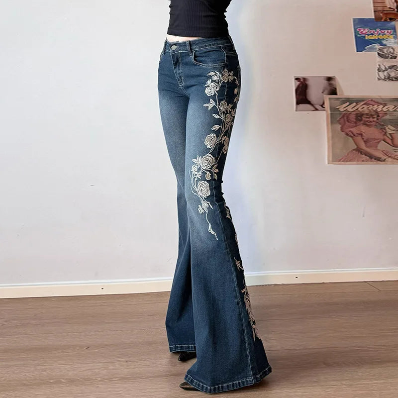 Flare Pants Jeans Women Embroidery Boot Cut Low Waist Washed Distressed Pockets Floor Length