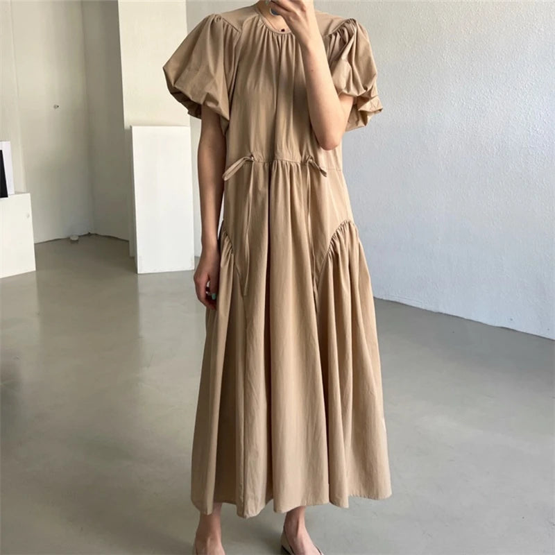 REALEFT Summer Vintage Puff Sleeve Women's Long Dresses 2026 New O-Neck Korean Straight Casual Loose Dresses Female