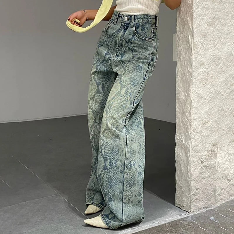 Streetwear Snake-Print Wide Leg Jeans Loose High-Waisted Baggy Denim Pants Y2K Grunge Casual Animal Pattern Trousers Women 2026