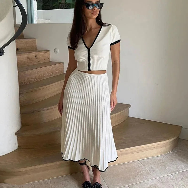 Summer Women White long Skirt Suit Short Sleeve V-neck crop top pleated set elegant dress 2 piece skirt set