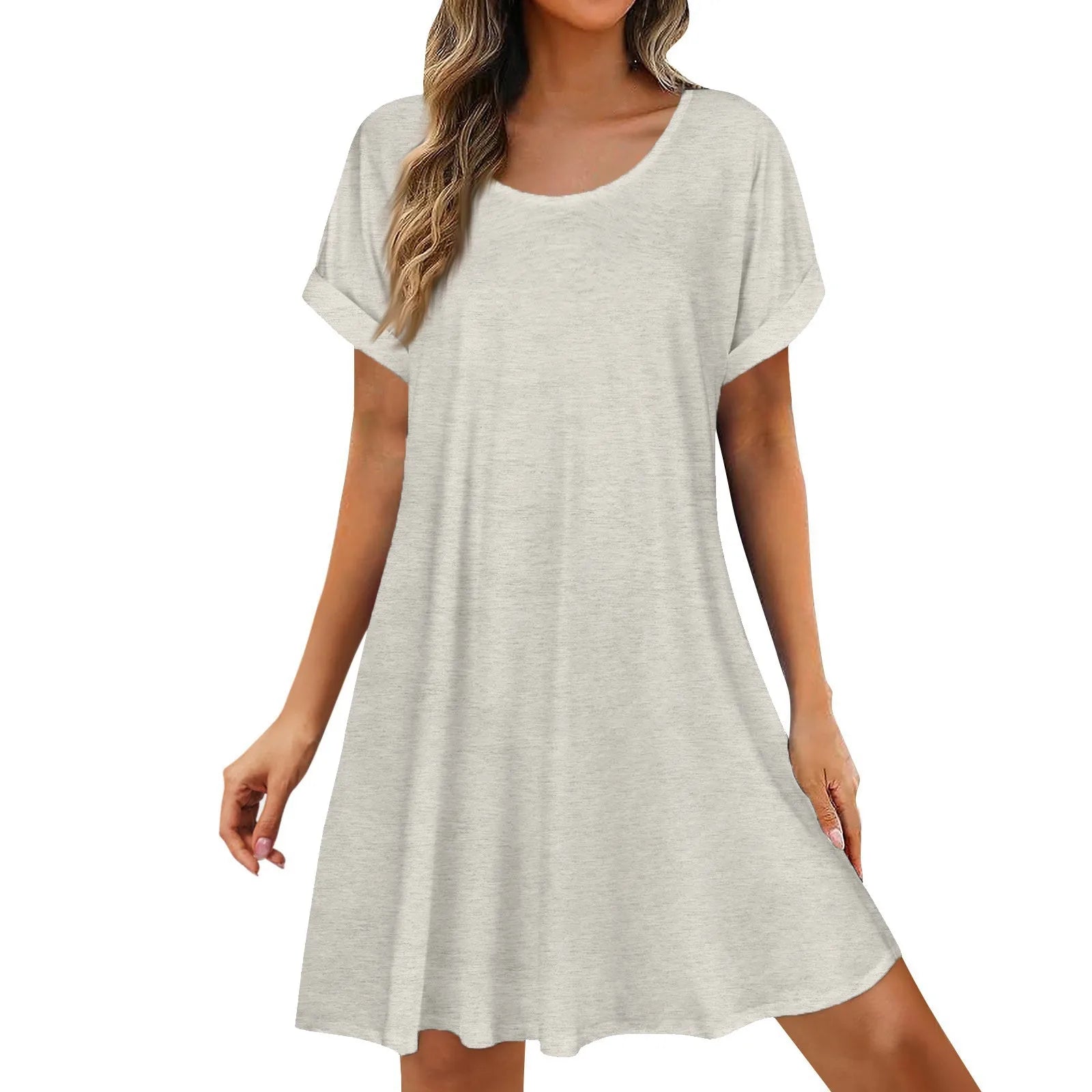 Womens Summer Basic Solid Color Short Skirt Casual and Versatile Oversized Pullover Dress Comfortable Round Neck Sundress