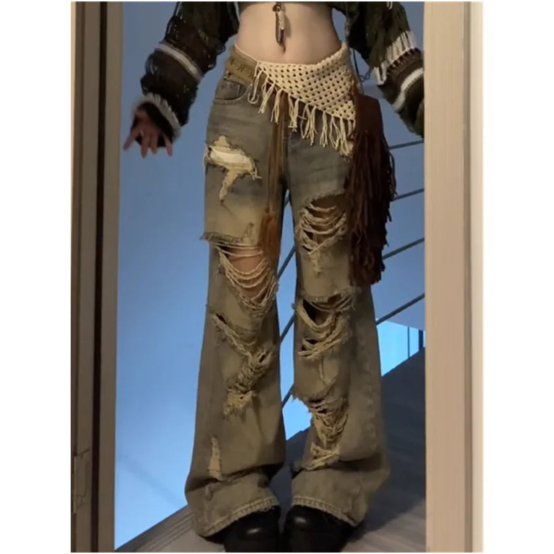 2026 Blue High Waist Women Jeans Feeling Vintage Straight Casual Baggy Streetwear Y2K Ripped Wide Leg Female Trouser Denim Pants