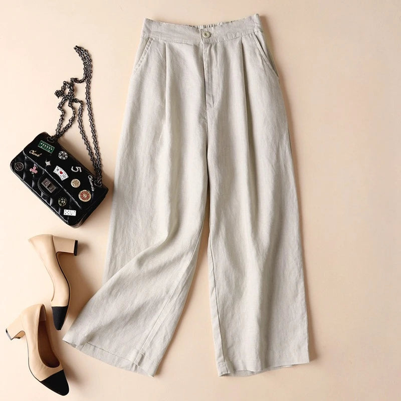 Spring Summer Cotton Linen Wide-leg Pants for Women Loose Casual Thin Nine-point Pants Comfortable Female Trousers