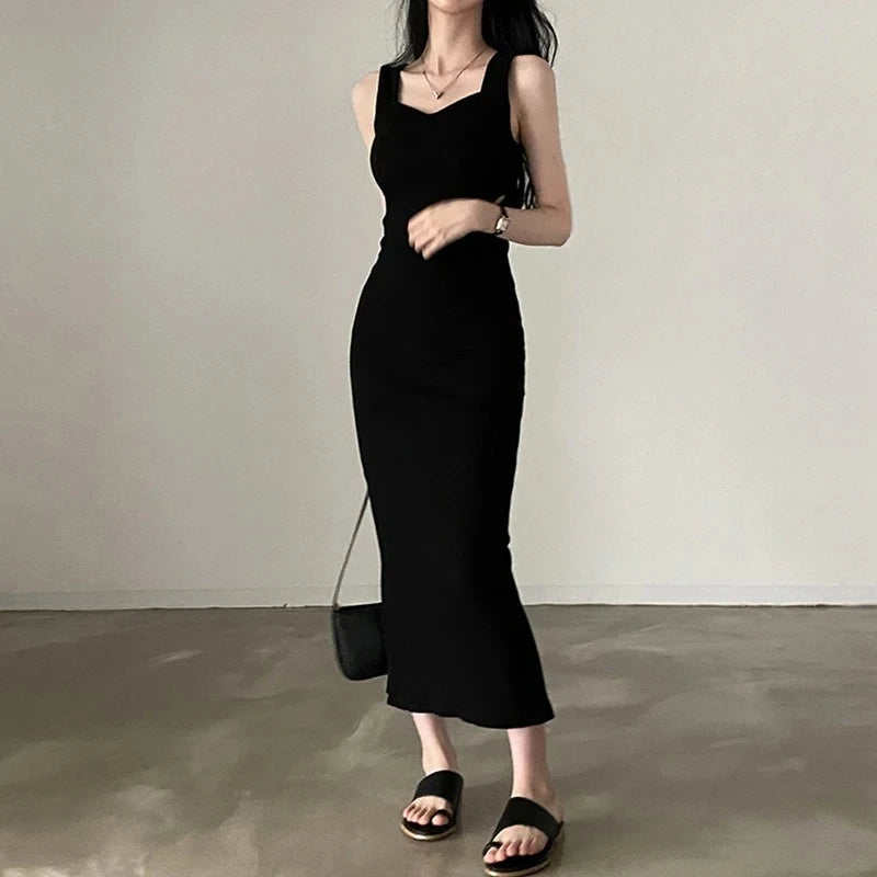Myufon Basic Knit Long Dress Korean Fashion Square Collar Sleeveless Women's Dresses Summer Casual Y2k Vintage All-match Outftis