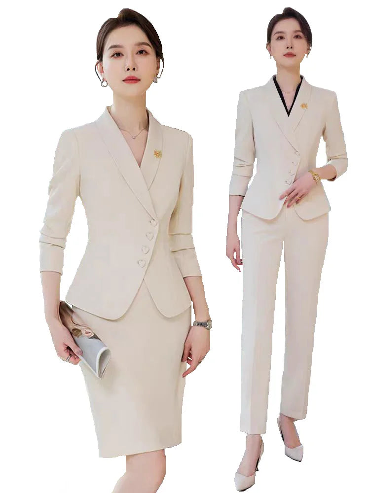 Office Business Women's Suit Pants Two-piece Set 2026 New Spring Autumn Long Sleeve Heart Button Jacket Slim Trousers Skirts