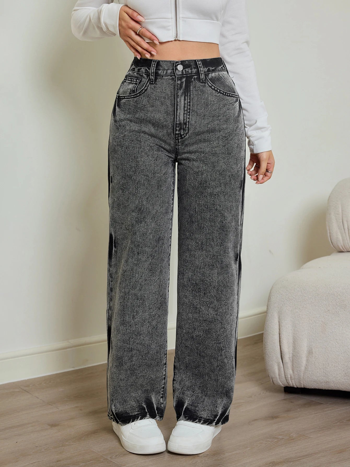 2025 autumn new women's jeans, tie-dye contrast washing, elastic waist, high waist straight jeans