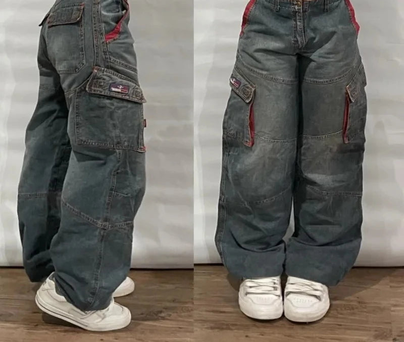 Street Vintage Jeans New Y2K Harajuku Wash Blue Multiple pockets Baggy Jeans Denim Pants