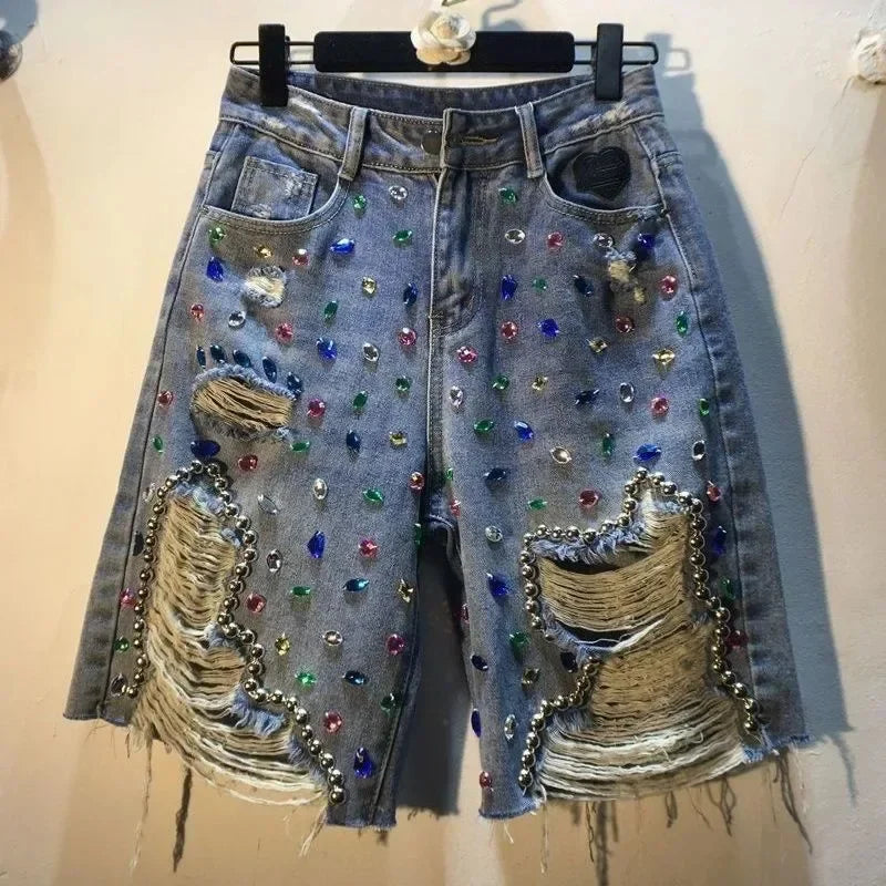 2026 Summer Short Pants High Waist Jeans Hole Shorts Women Stretch Distressed Washed Diamonds Streetwear Straight Denims