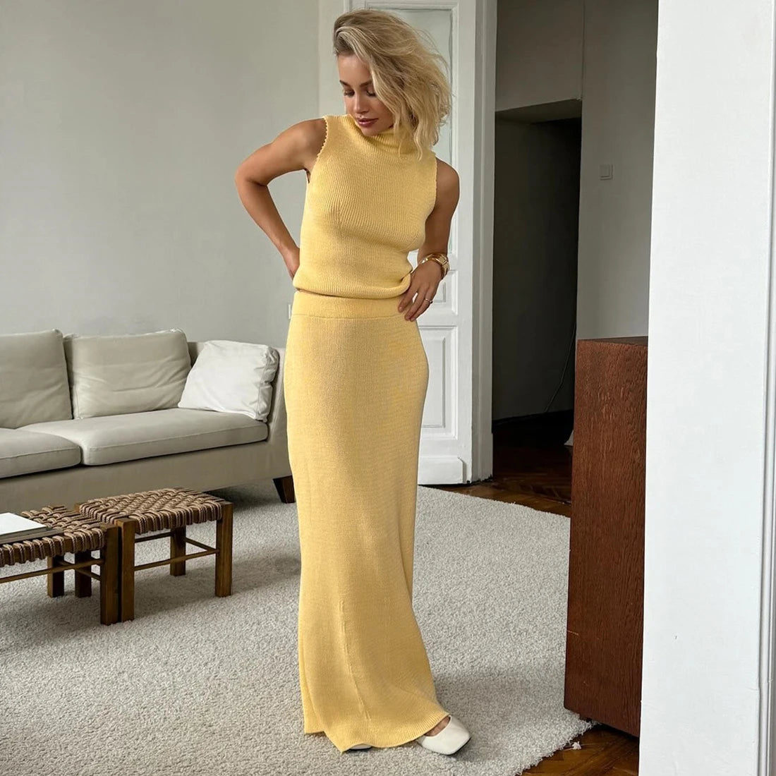 Tuularose Elegant Long Skirt Two-piece Set Women's Sleeveless Knitted Turtleneck Vest Slim Skirt Set 2026 New Fashion Skirt Set