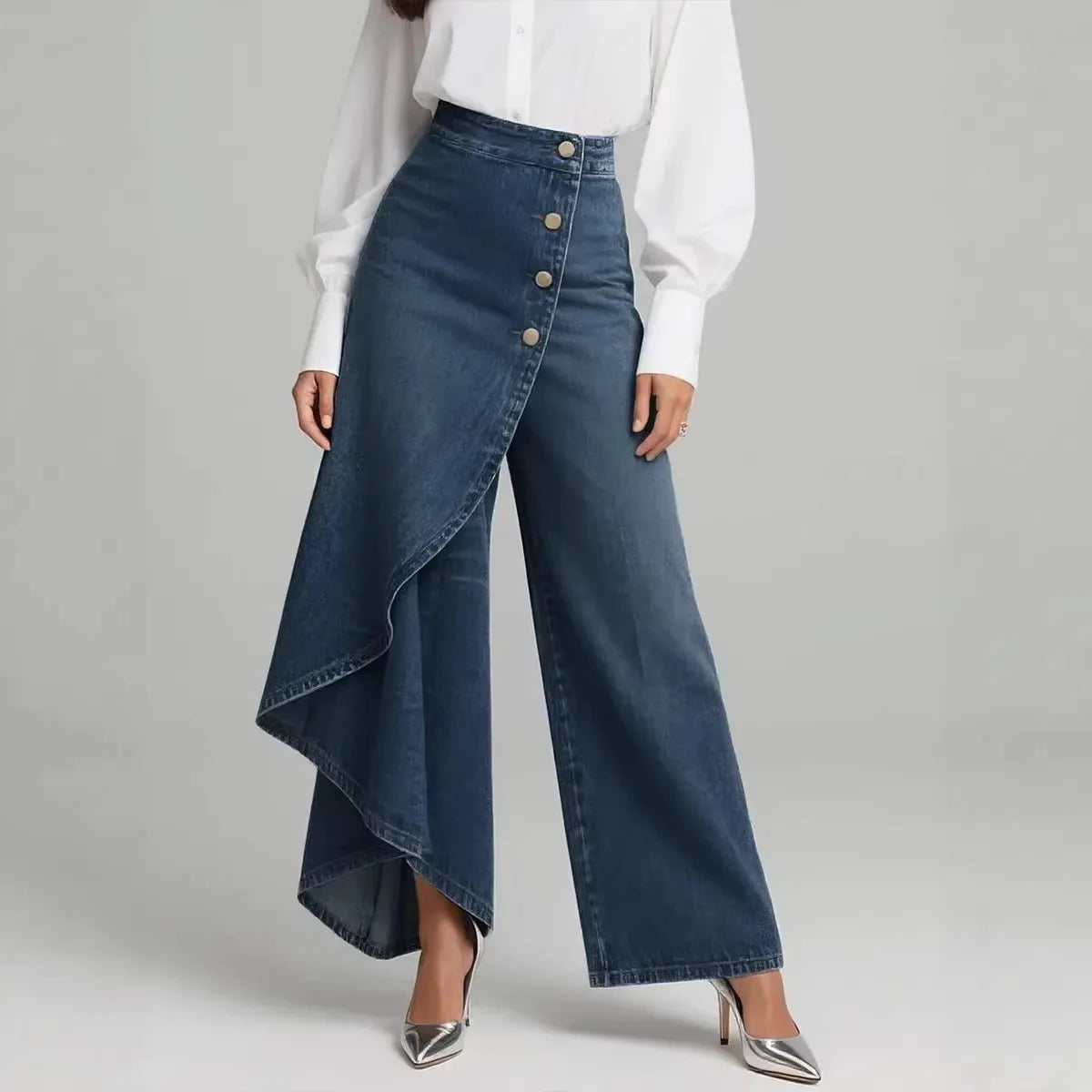 2026 Spring Autumn Women Solid Color Denim Print Button Fly Slim Leg Pants Casual Stretchy Long Trousers