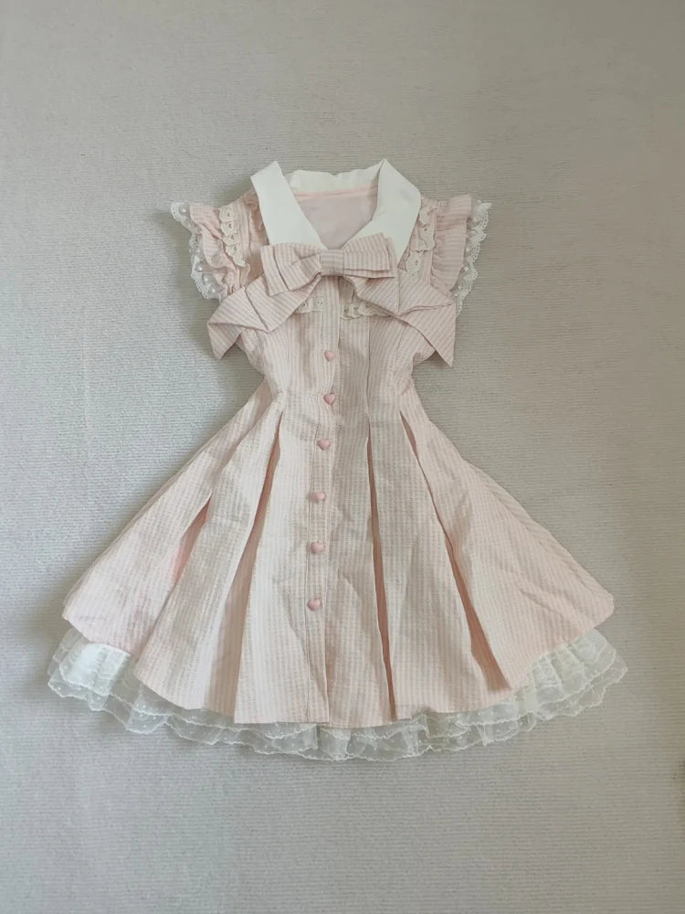 Japanese Sweet Kawaii Striped Elegant Women Dress Fashion Cute Bow Y2k Princess Dress Harajuku Chic Lace Korean Popular Clothes