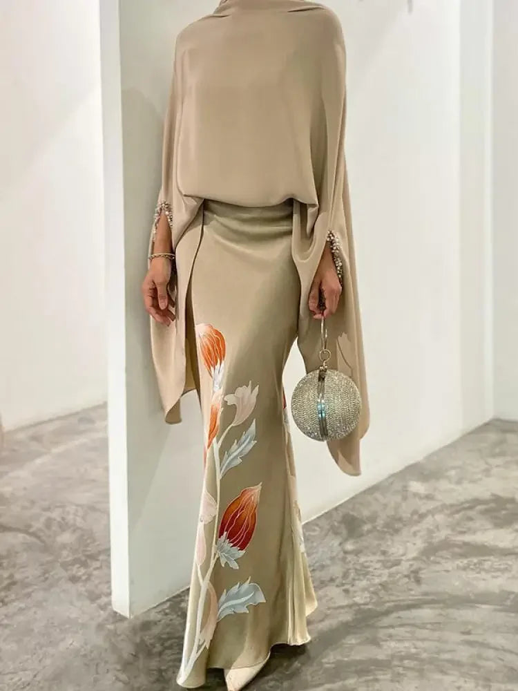 UOOZEE Elegant Skirt Suits 2026 New Women Two Piece Set Solid Color High Neck Tops &amp; Vintage Floral Printed High Wiast Skirts