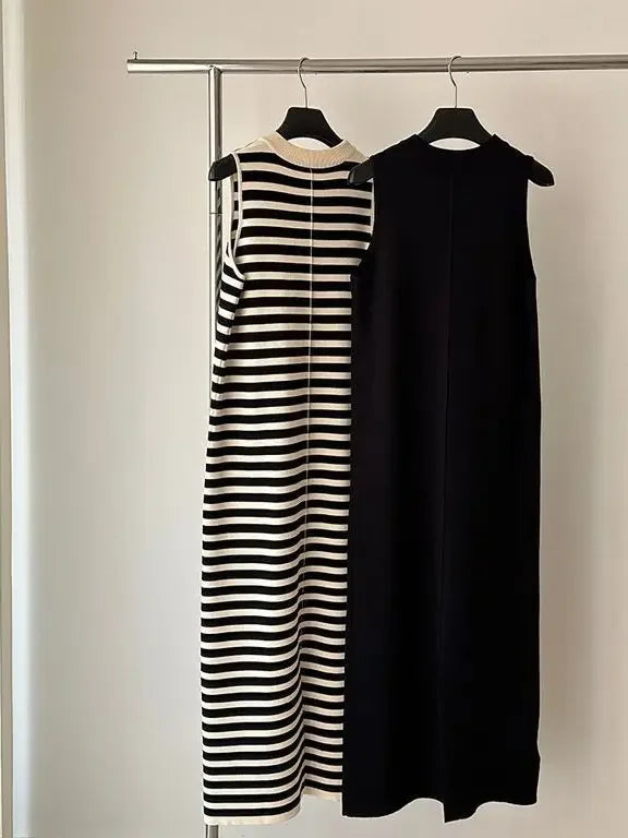 striped knitted sleeveless vest dress for women in summer, loose and slimming, high waist,  straight tube skirt, retro