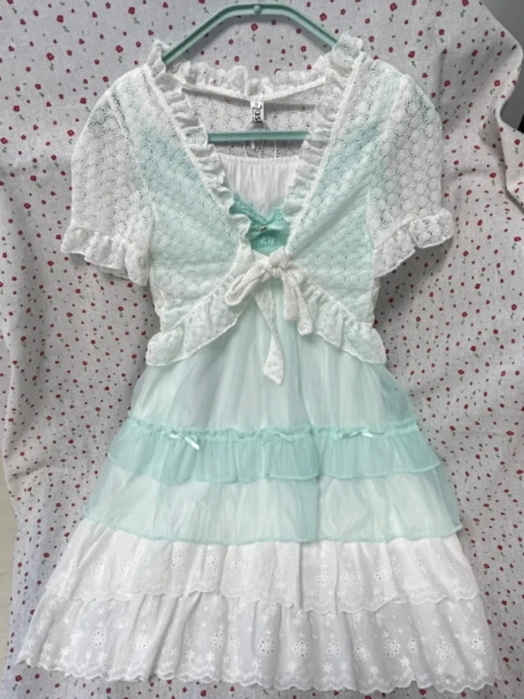 Sweet Japanese Lolita Two Piece Dress Set Lace Patchwork Ruffle Layered Dresses New Kawaii Cute Short Sleeve Summer Outfits 2026