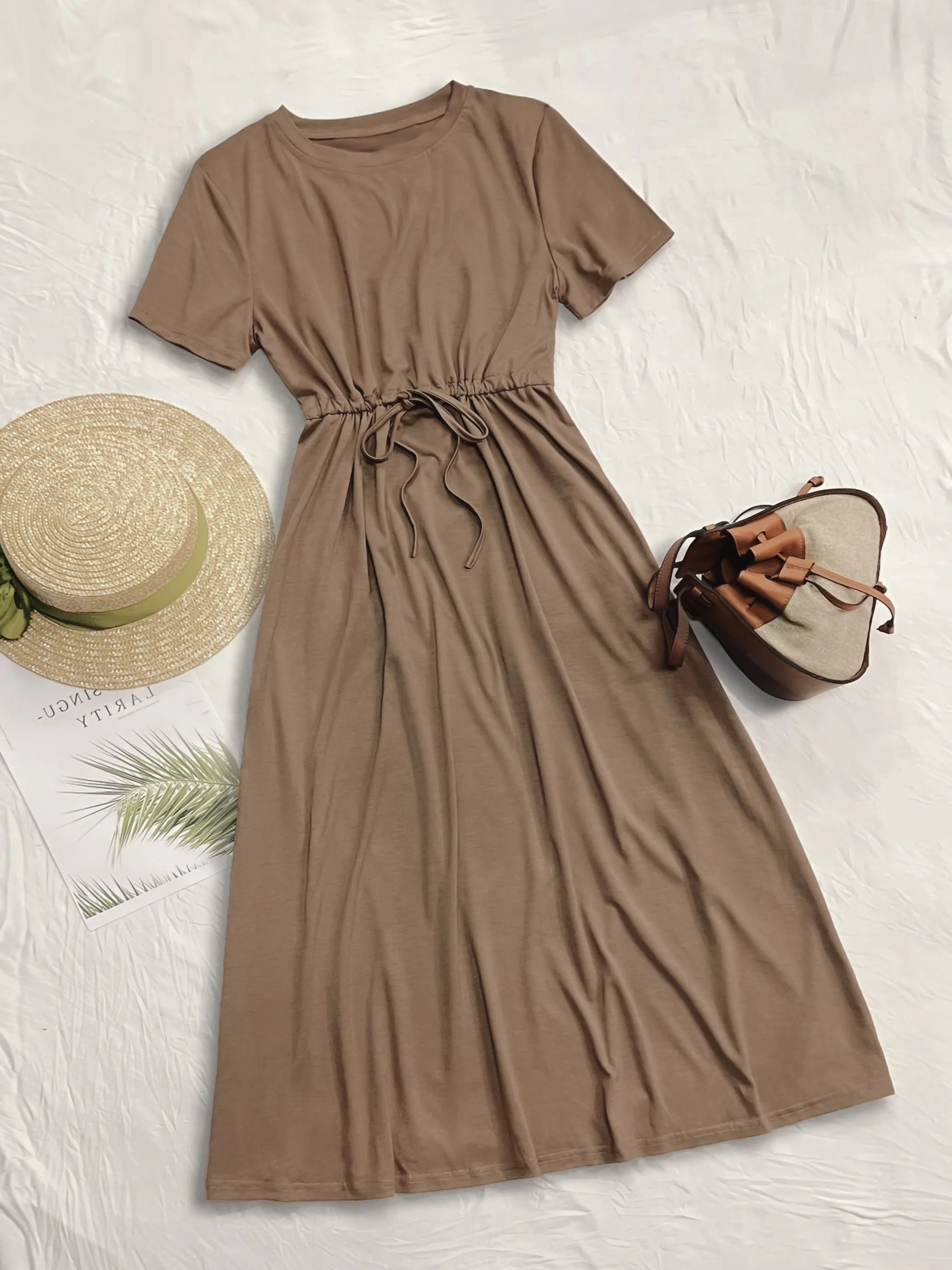 Ladies' fashion casual round neck short sleeve dress solid color simple drawstring dress