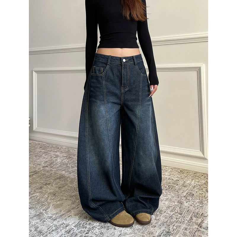 Blue Women's Retro Y2K 2000s Wide Leg Baggy Casual Denim Trouser High Waist Loose Jeans 2026 Autumn Harajuku Full Length Pants