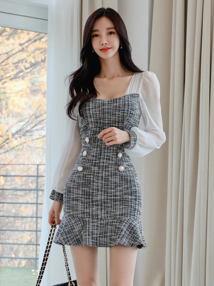 Korean Elegant Office Dress Women Casual Square Collar Chiffon Stitching Tweed Mini Sweet Mermaid Slim Female Vestido Streetwear