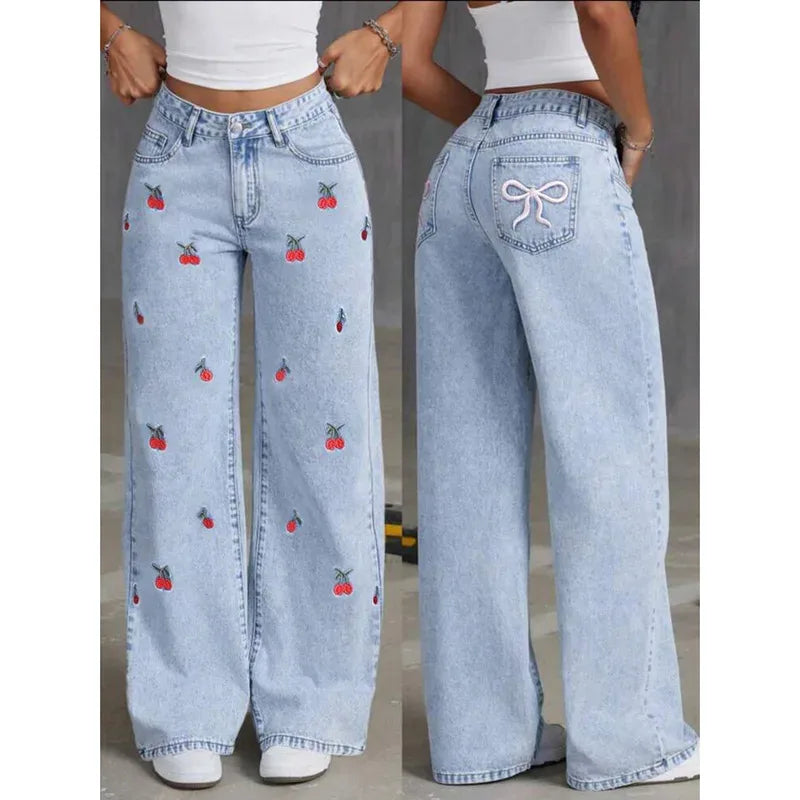 Women Jeans Embroidery High Waist Distressed Washed Pockets Vintage Floor Length Trousers 2026 Denim Wide Leg Pants Streetwear